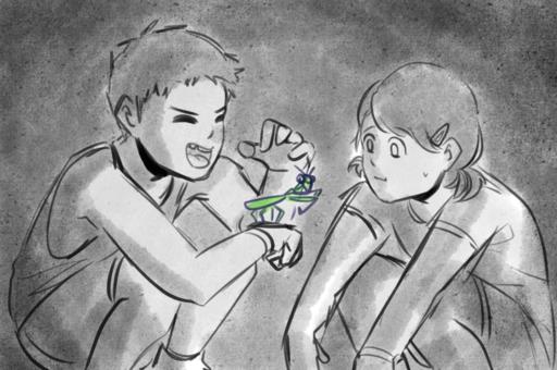 Young Rin and Beam playing with a Praying Mantis.